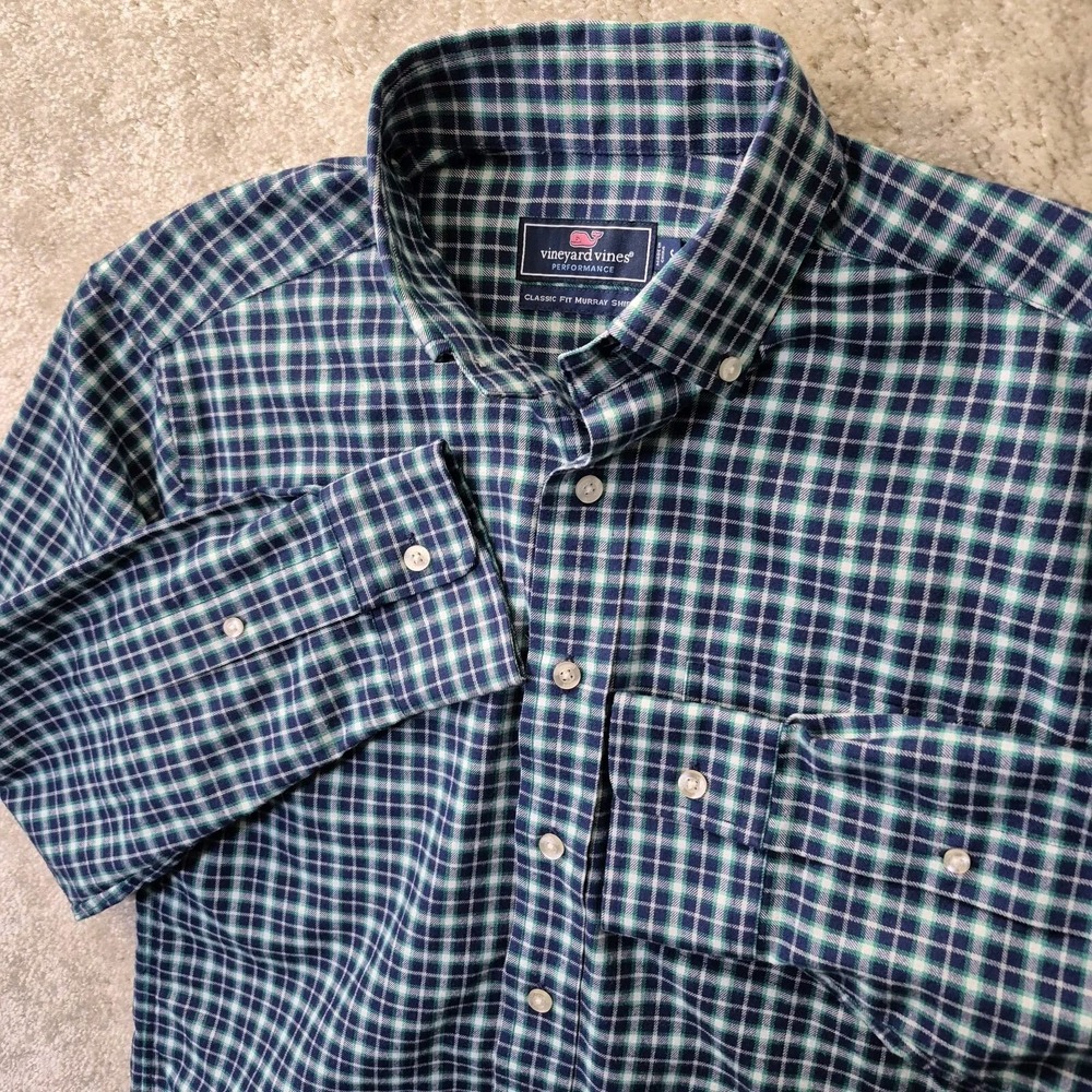 Vineyard Vines Shirt Mens S Button Down Murray Blue Plaid Performance Flannel